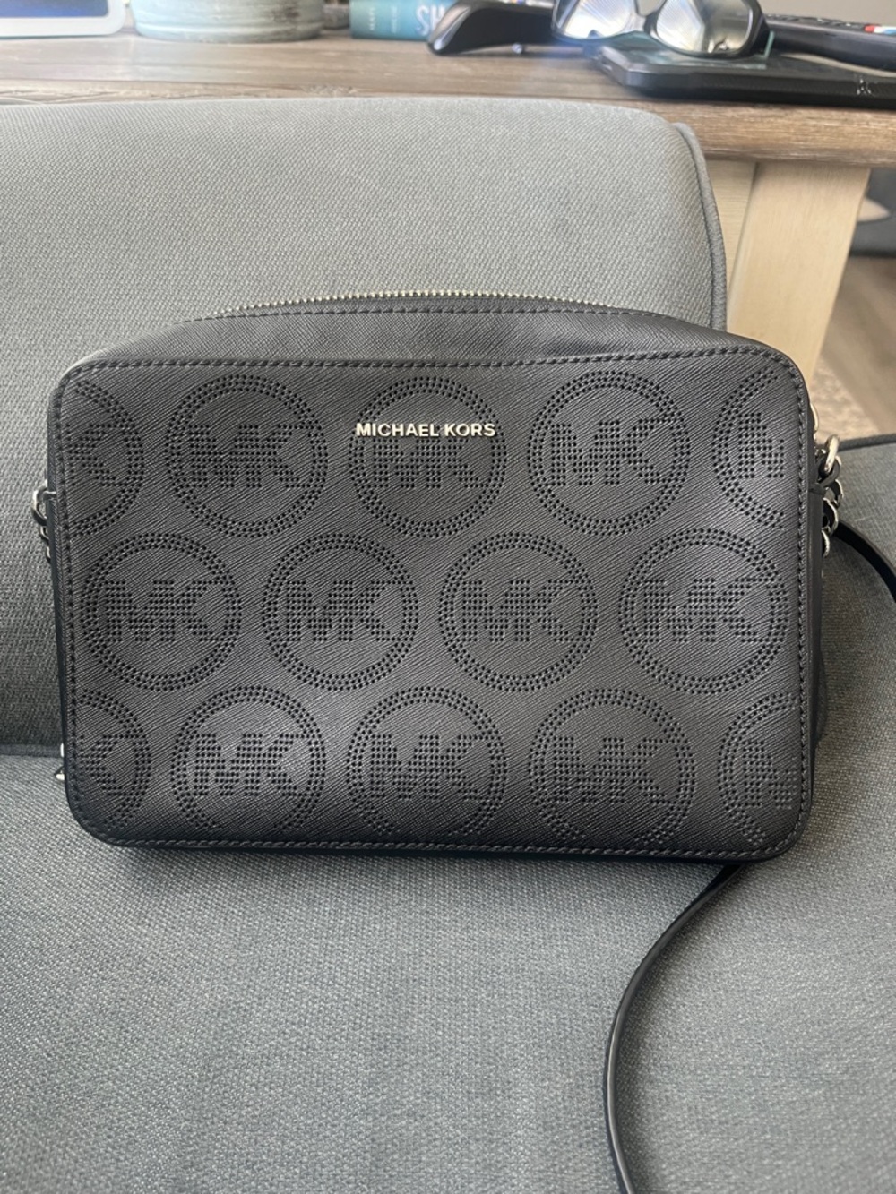 Michael Kors Black Perforated MK Logo Messenger Crossbody Bag